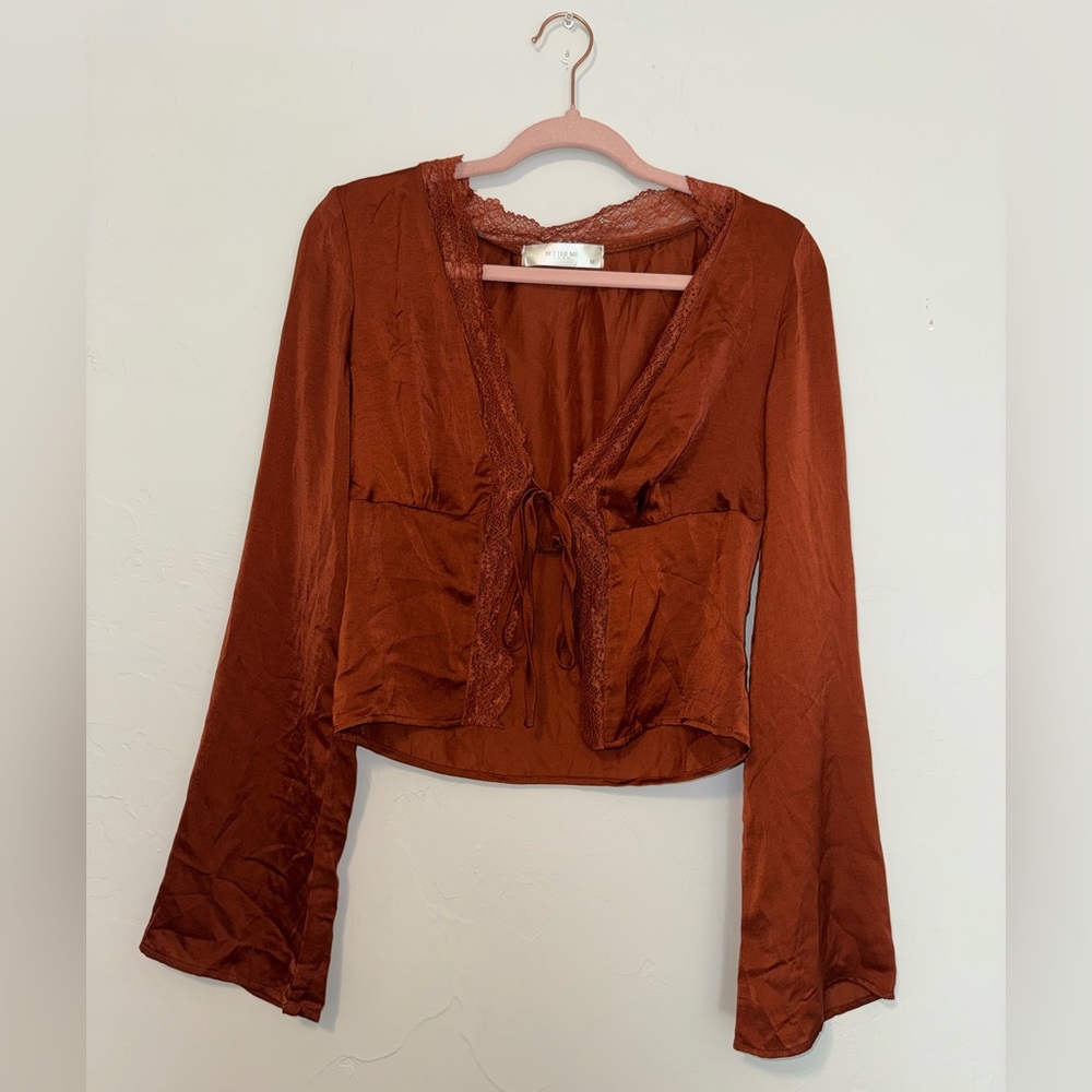 Better Me Rust Satin Tie-Front Top with lace size medium